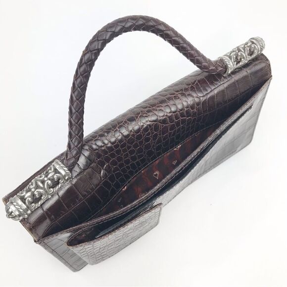 Brighton Brown Leather Reptile Embossed Silver Hardware Strap Wallet Mini Bag - Picture 4 of 16